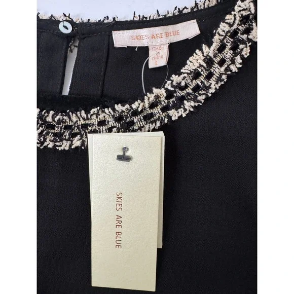 Skies Are Blue Black Tweed Trim Puff Sleeve Top Womens Size L Career Minimalist - Picture 5 of 9